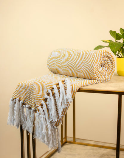 Hand-Knitted All Season Throw Blanket – Cotton Blend |  Yellow | 80x52 Inches