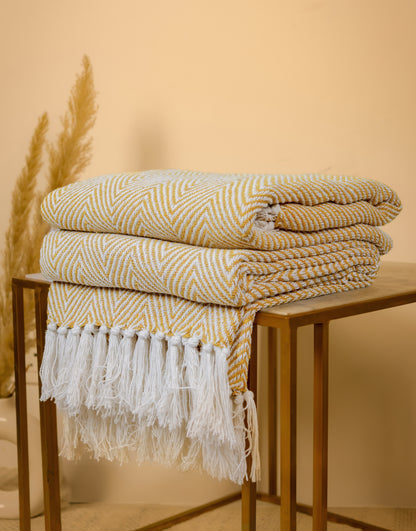Hand-Knitted All Season Throw Blanket – Cotton Blend |  Yellow | 80x52 Inches