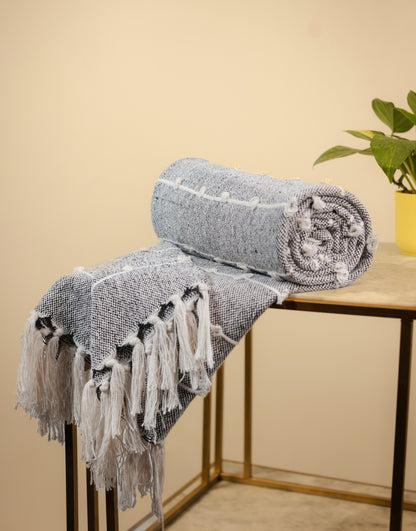 Hand-Knitted All Season Throw Blanket – Cotton Blend | Black & Beige | 80x52 Inches