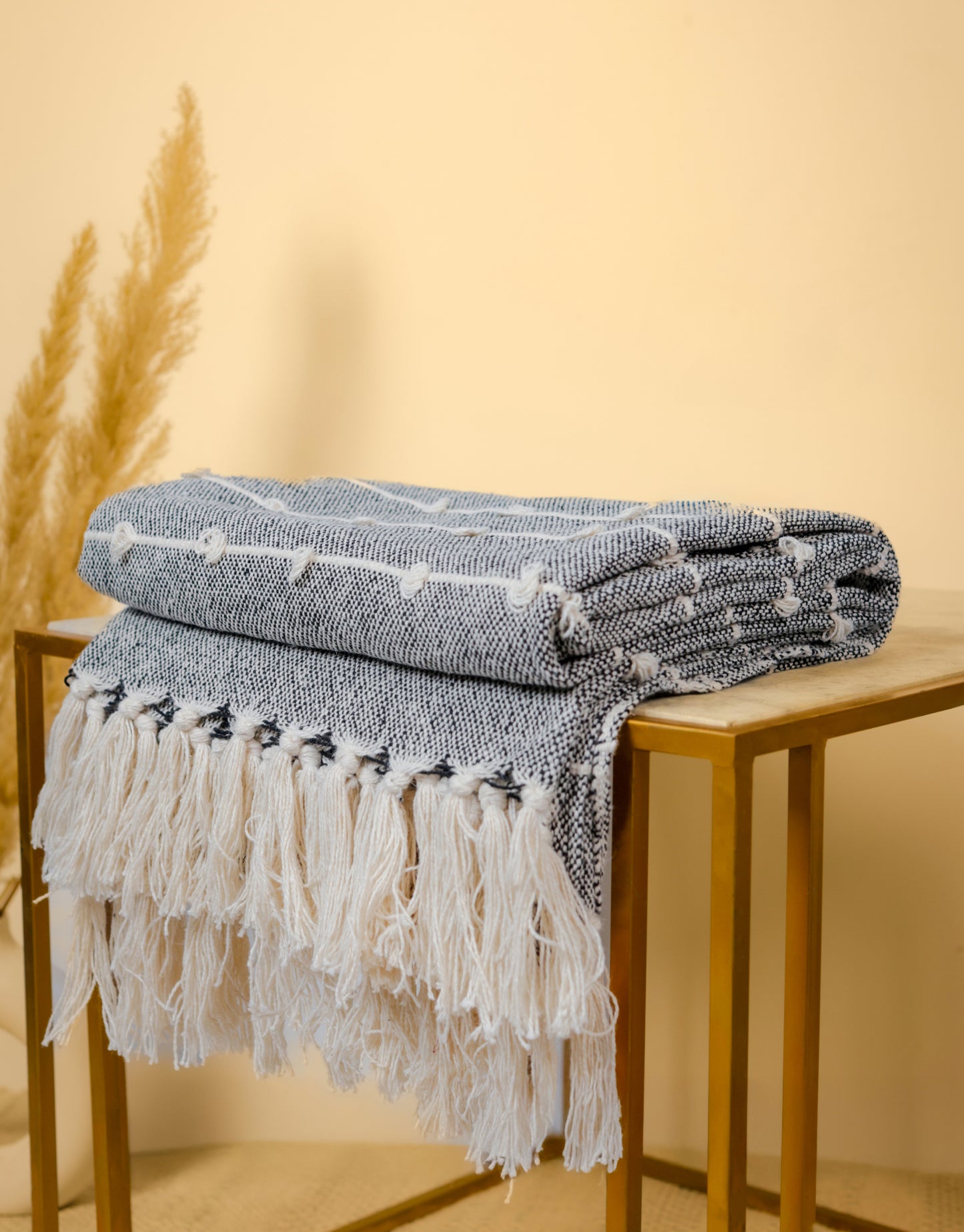 Hand-Knitted All Season Throw Blanket – Cotton Blend | Black & Beige | 80x52 Inches