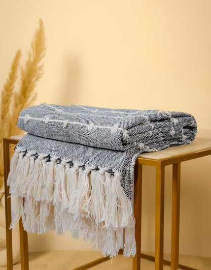 Hand-Knitted All Season Throw Blanket – Cotton Blend | Black & Beige | 80x52 Inches