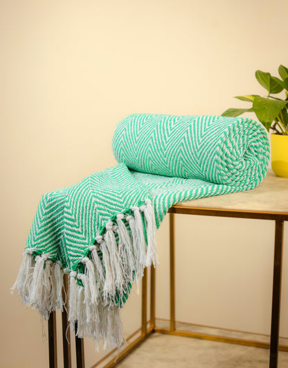 SAJAVAT HOME Hand-Knitted All Season Throw Blanket – Cotton Blend | Green | 80x52 Inches