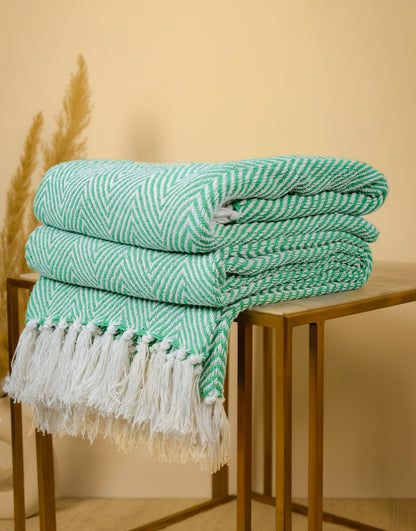 SAJAVAT HOME Hand-Knitted All Season Throw Blanket – Cotton Blend | Green | 80x52 Inches