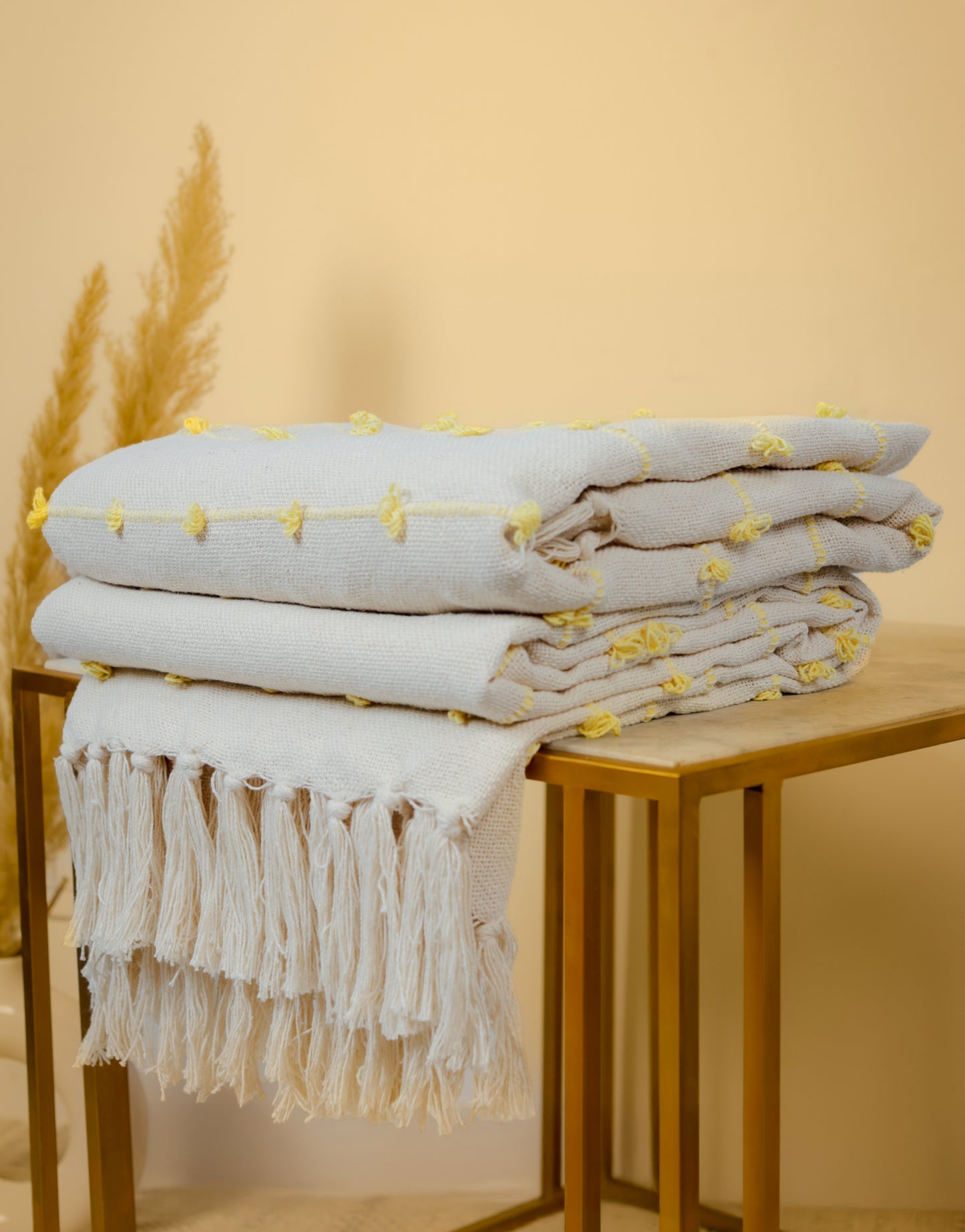 Hand-Knitted All Season Throw Blanket – Cotton Blend | Beige & Yellow | 80x52 Inches