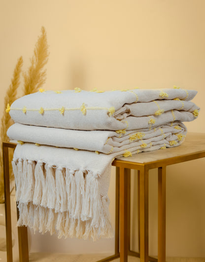 Hand-Knitted All Season Throw Blanket – Cotton Blend | Beige & Yellow | 80x52 Inches