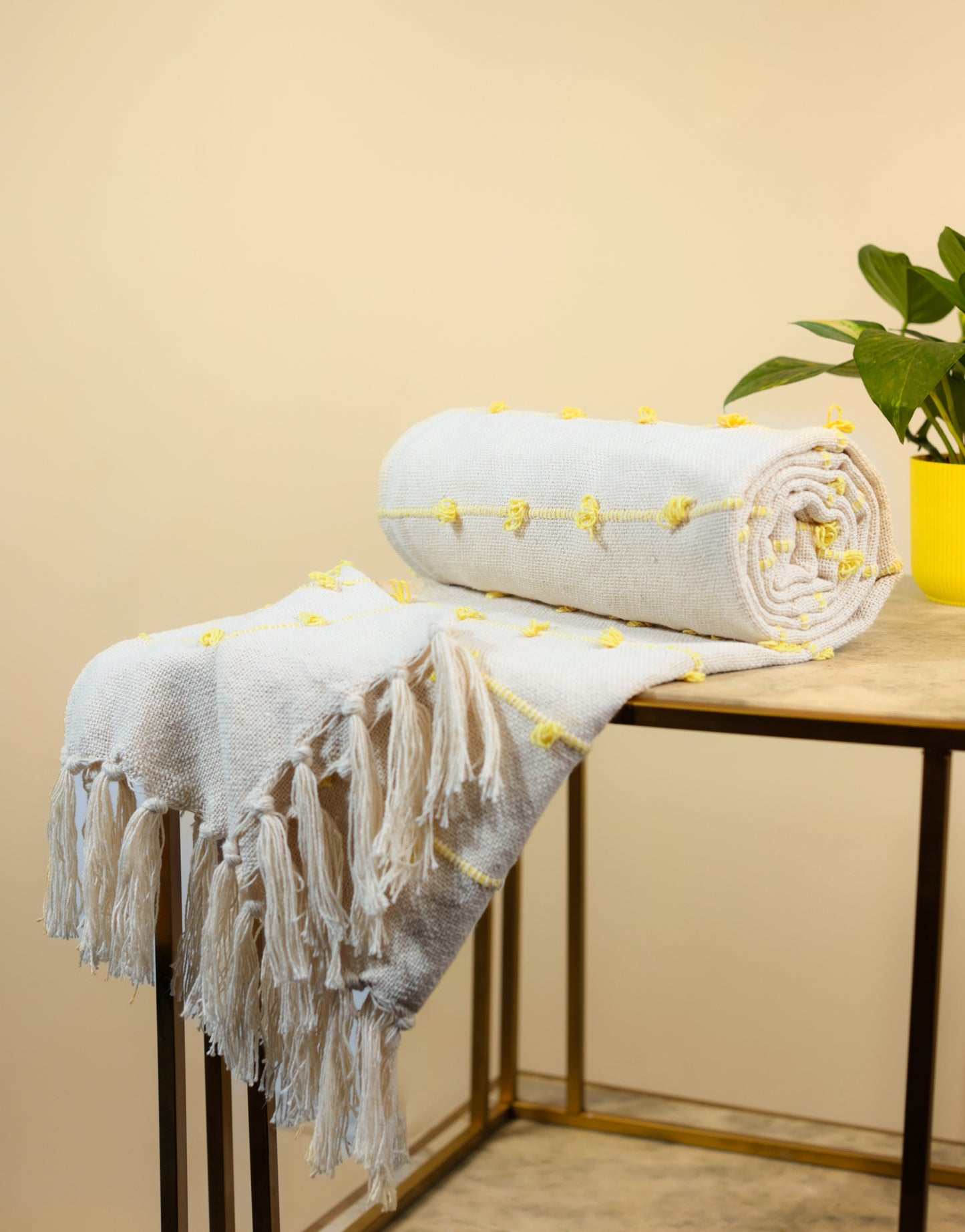 Hand-Knitted All Season Throw Blanket – Cotton Blend | Beige & Yellow | 80x52 Inches