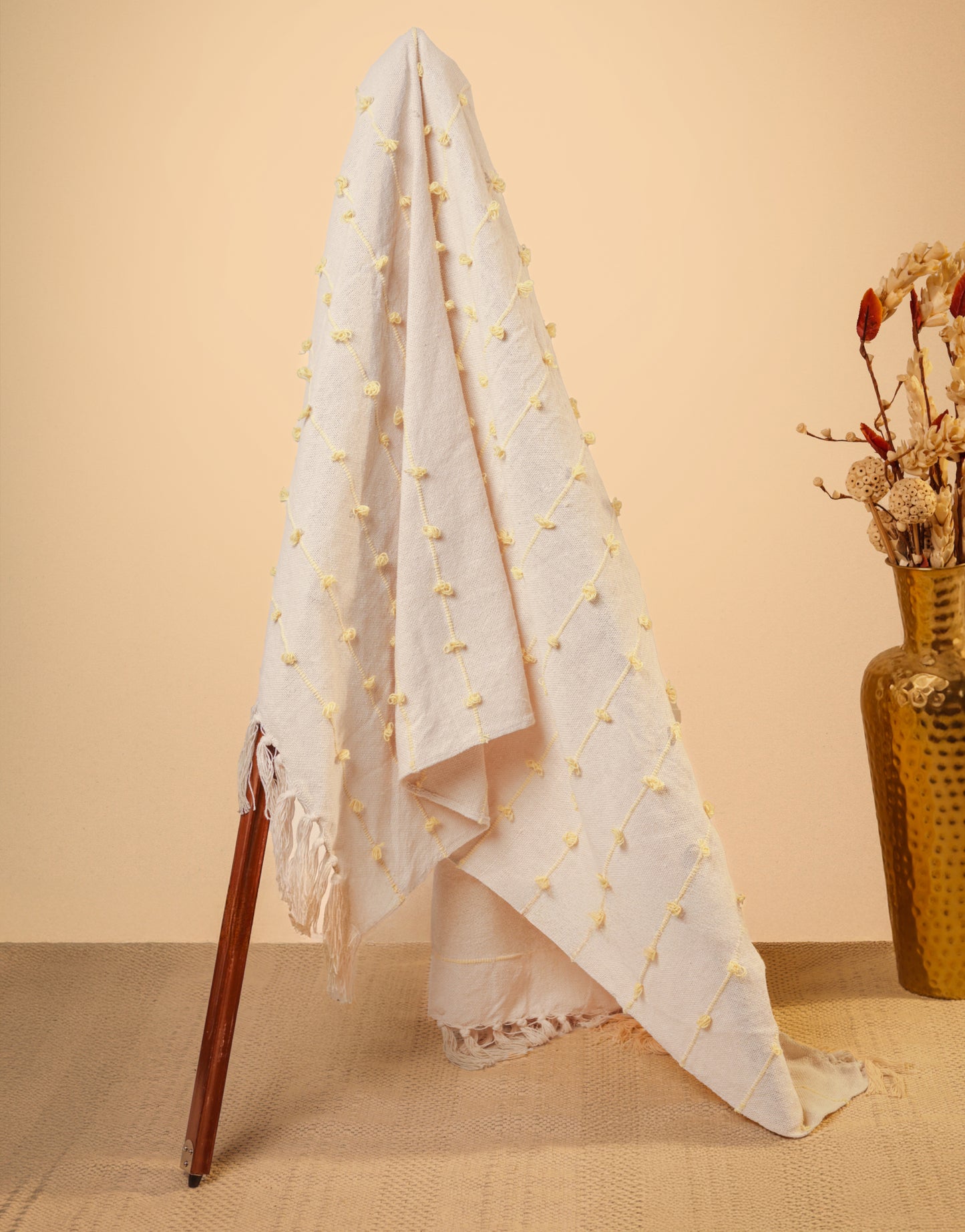 Hand-Knitted All Season Throw Blanket – Cotton Blend | Beige & Yellow | 80x52 Inches