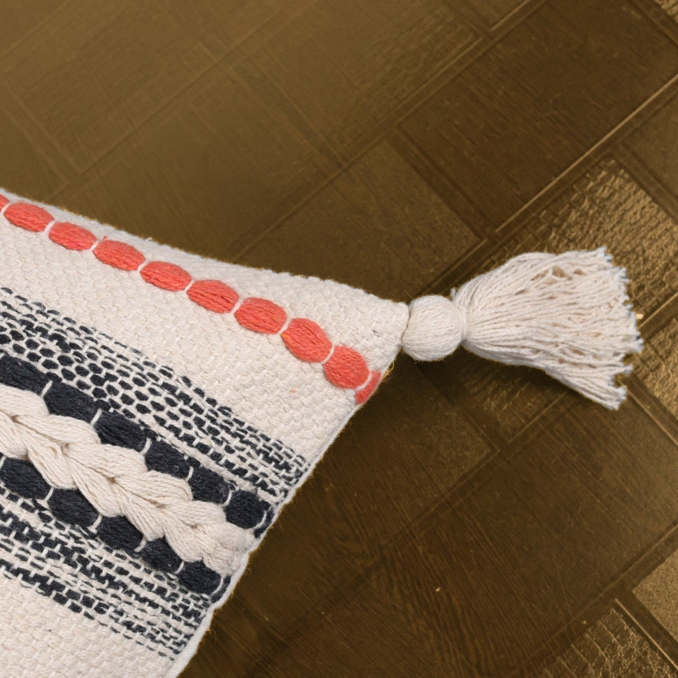 Decorative Tufted Cotton Cushion Cover | Beige & Orange | 16x16 Inches (40x40 cm)