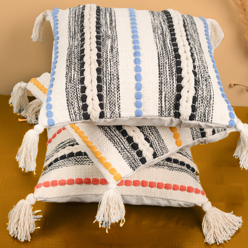 Decorative Tufted Cotton Cushion Cover | Beige & Orange | 16x16 Inches (40x40 cm)