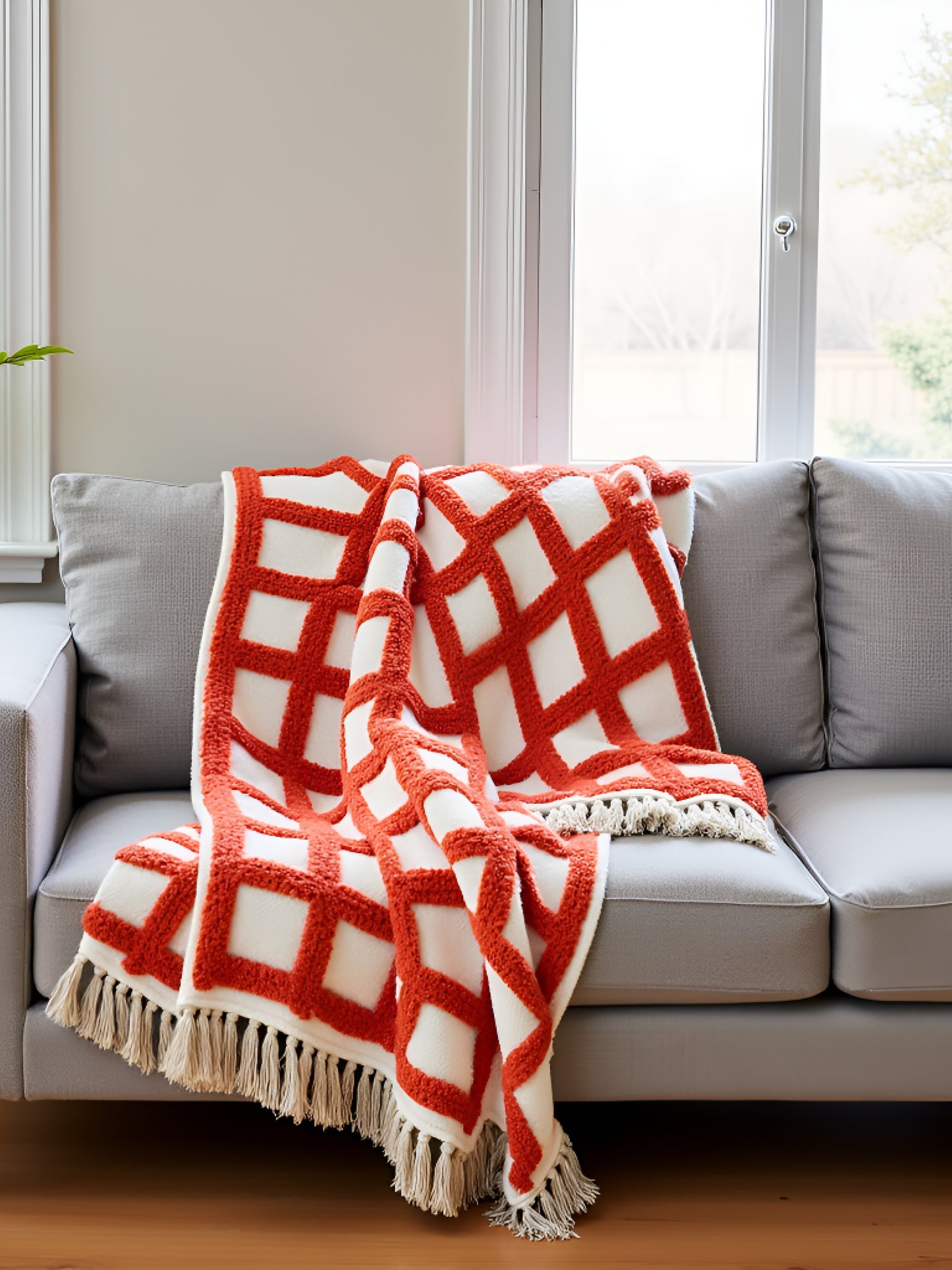 Hand-Knitted All Season Tufted Throw Blanket – Cotton | White & Orange | 80x52 Inches