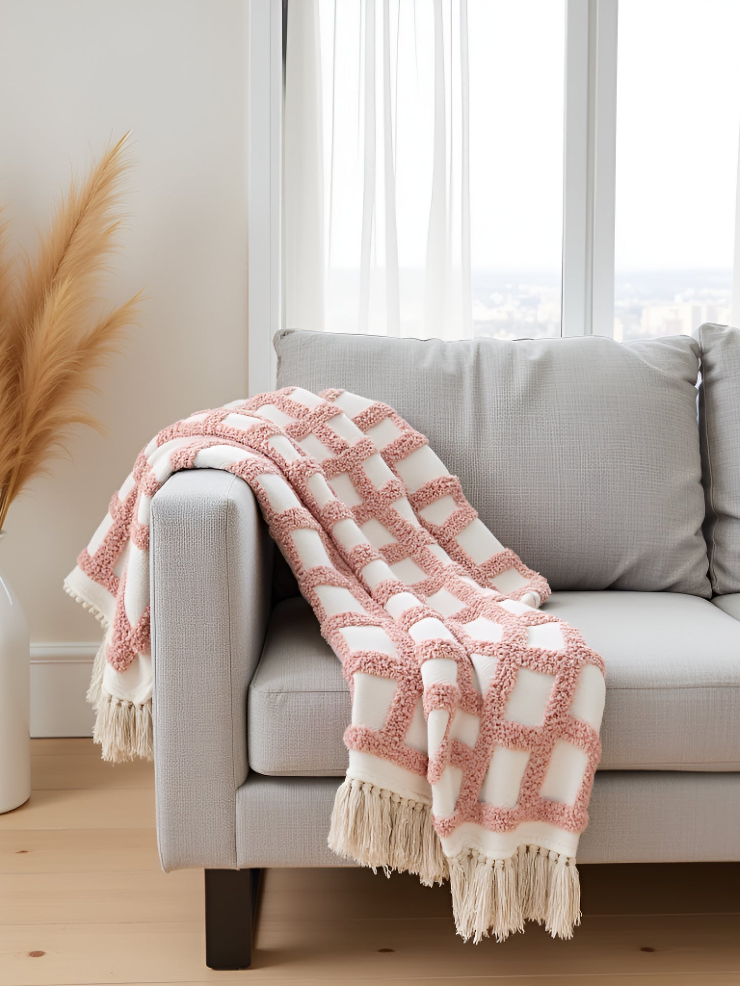Hand-Knitted All Season Tufted Throw Blanket – Cotton | White & Summer Pink | 80x52 Inches