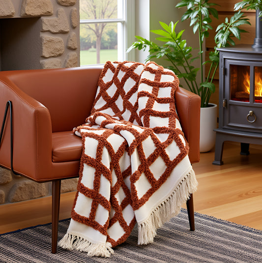 SAJAVAT HOME Hand-Knitted All Season Tufted Throw Blanket – Cotton | White & Deep Brown | 80x52 Inches