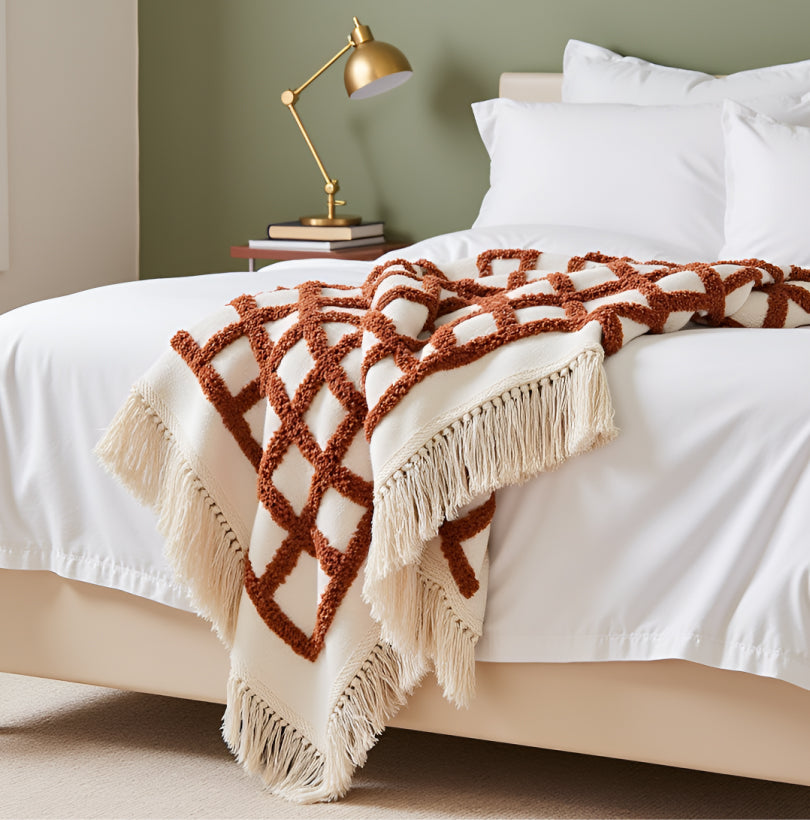 SAJAVAT HOME Hand-Knitted All Season Tufted Throw Blanket – Cotton | White & Deep Brown | 80x52 Inches