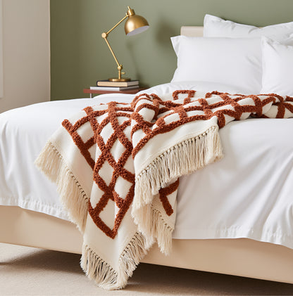 SAJAVAT HOME Hand-Knitted All Season Tufted Throw Blanket – Cotton | White & Deep Brown | 80x52 Inches