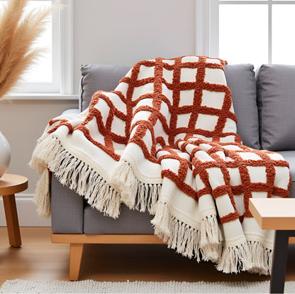 SAJAVAT HOME Hand-Knitted All Season Tufted Throw Blanket – Cotton | White & Deep Brown | 80x52 Inches