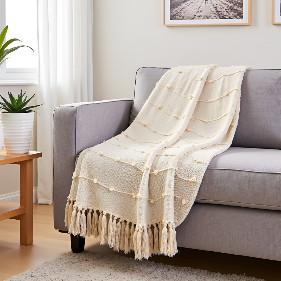 Hand-Knitted All Season Throw Blanket – Cotton Blend | Beige | 80x52 Inches