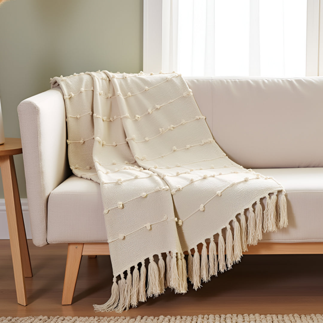 Hand-Knitted All Season Throw Blanket – Cotton Blend | Beige | 80x52 Inches