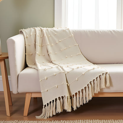 Hand-Knitted All Season Throw Blanket – Cotton Blend | Beige | 80x52 Inches