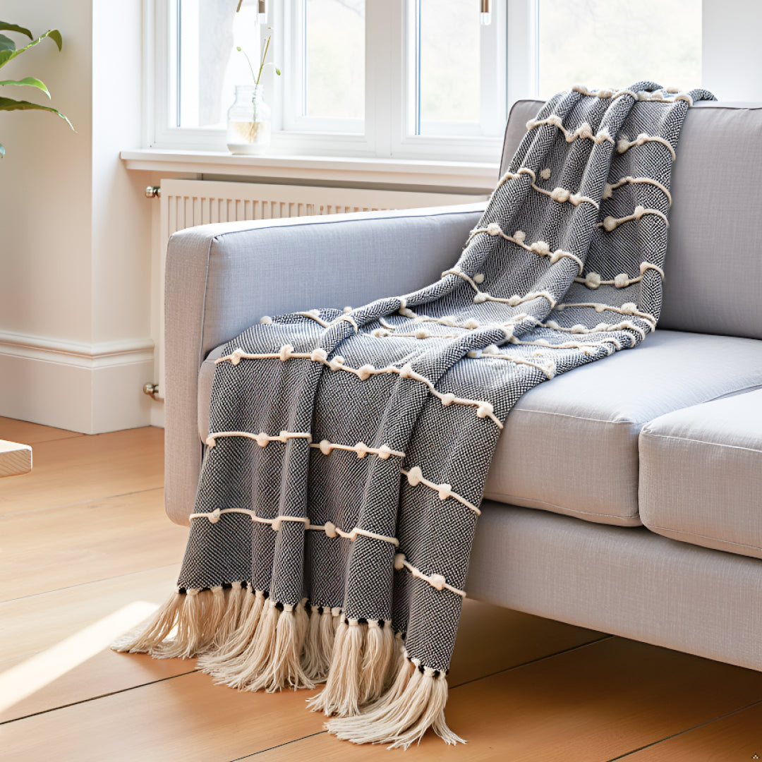 Hand-Knitted All Season Throw Blanket – Cotton Blend | Black & Beige | 80x52 Inches