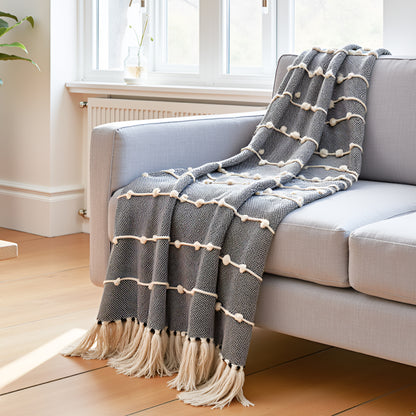 Hand-Knitted All Season Throw Blanket – Cotton Blend | Black & Beige | 80x52 Inches