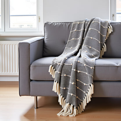 Hand-Knitted All Season Throw Blanket – Cotton Blend | Black & Beige | 80x52 Inches