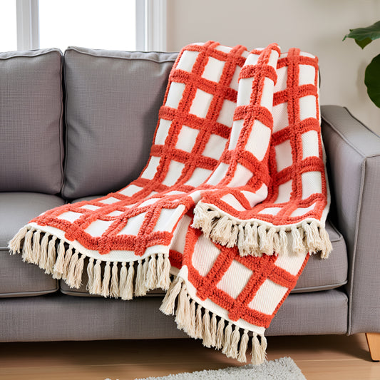 Hand-Knitted All Season Tufted Throw Blanket – Cotton | White & Orange | 80x52 Inches