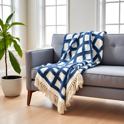 Hand-Knitted All Season Tufted Throw Blanket – Cotton | White & Blue | 80x52 Inches