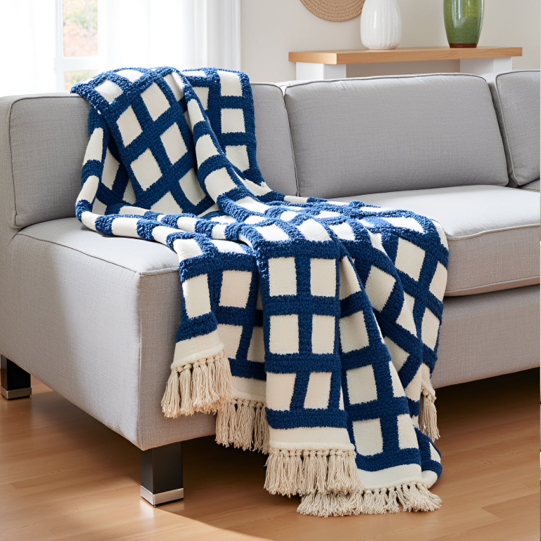 Hand-Knitted All Season Tufted Throw Blanket – Cotton | White & Blue | 80x52 Inches