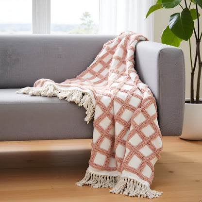Hand-Knitted All Season Tufted Throw Blanket – Cotton | White & Summer Pink | 80x52 Inches