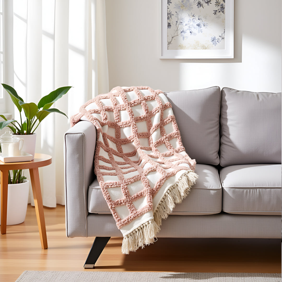 Hand-Knitted All Season Tufted Throw Blanket – Cotton | White & Summer Pink | 80x52 Inches
