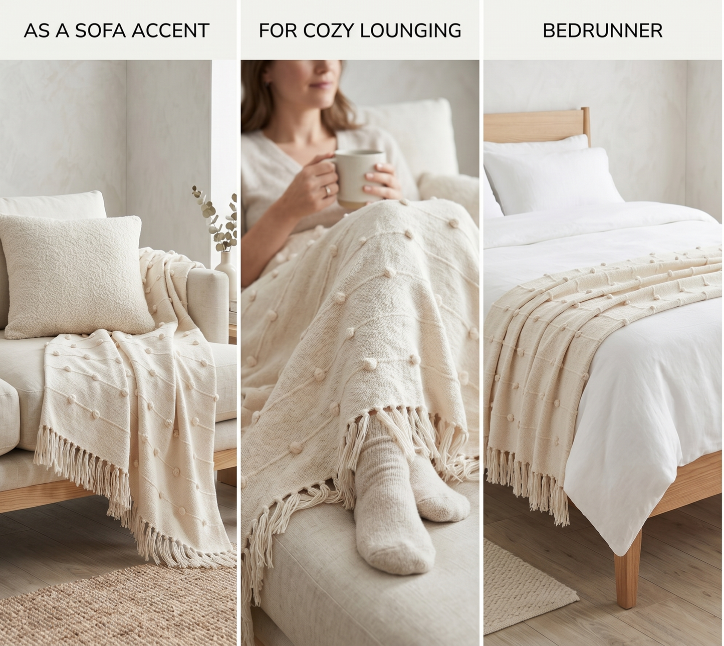 Beige Natural Sofa Throw - Soft Cotton, Handwoven Comfort