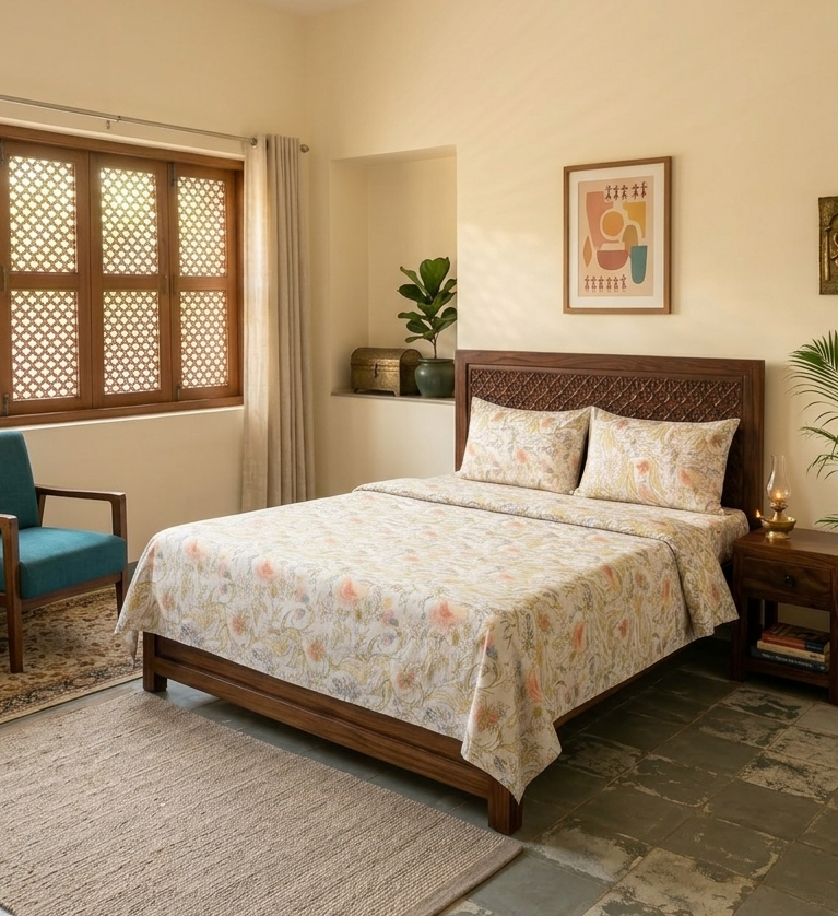 Mustard Yellow Printed  Bedsheet 2 Pillow Covers