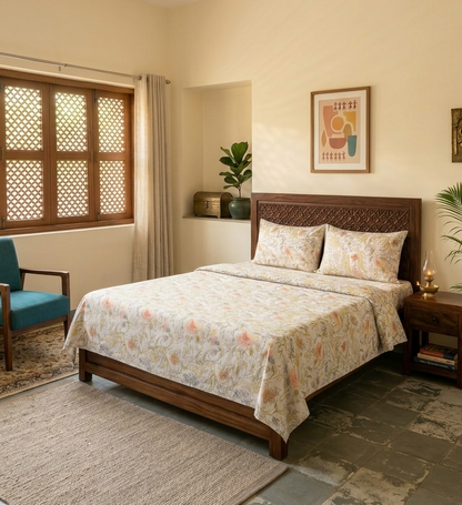 Mustard Yellow Printed  Bedsheet 2 Pillow Covers
