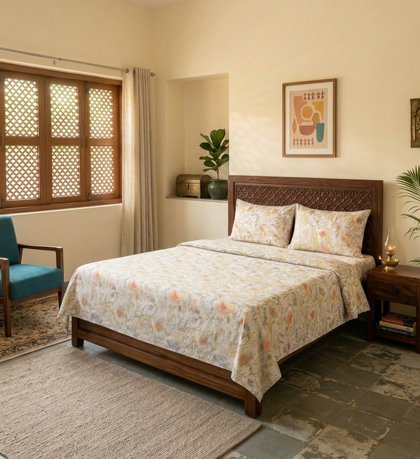 Mustard Yellow Printed  Bedsheet 2 Pillow Covers