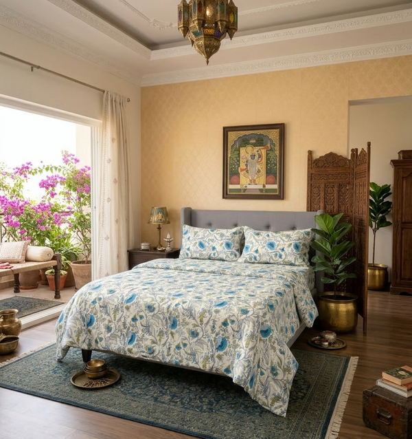 Beige & Anokhi Floral Print  Bedsheet 2 Pillow Covers