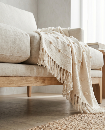 Beige Natural Sofa Throw - Soft Cotton, Handwoven Comfort