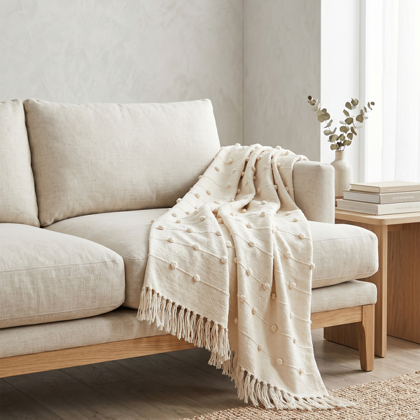Beige Natural Sofa Throw - Soft Cotton, Handwoven Comfort
