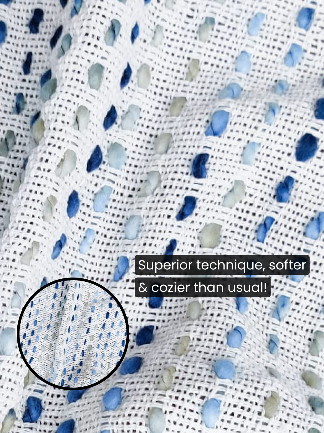 Textured fabric with blue and gray pattern and text overlay about fabric quality.