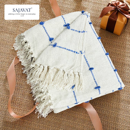 Hand-Knitted All Season Throw Blanket – Cotton Blend | Beige & Blue | 80x52 Inches