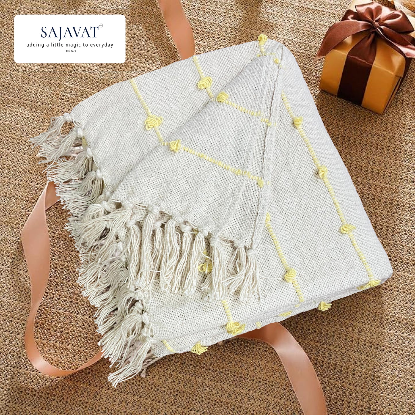 Hand-Knitted All Season Throw Blanket – Cotton Blend | Beige & Yellow | 80x52 Inches