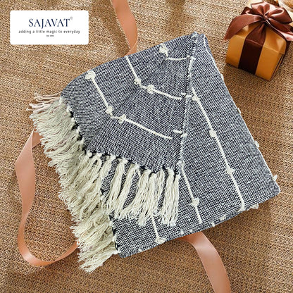 Hand-Knitted All Season Throw Blanket – Cotton Blend | Black & Beige | 80x52 Inches