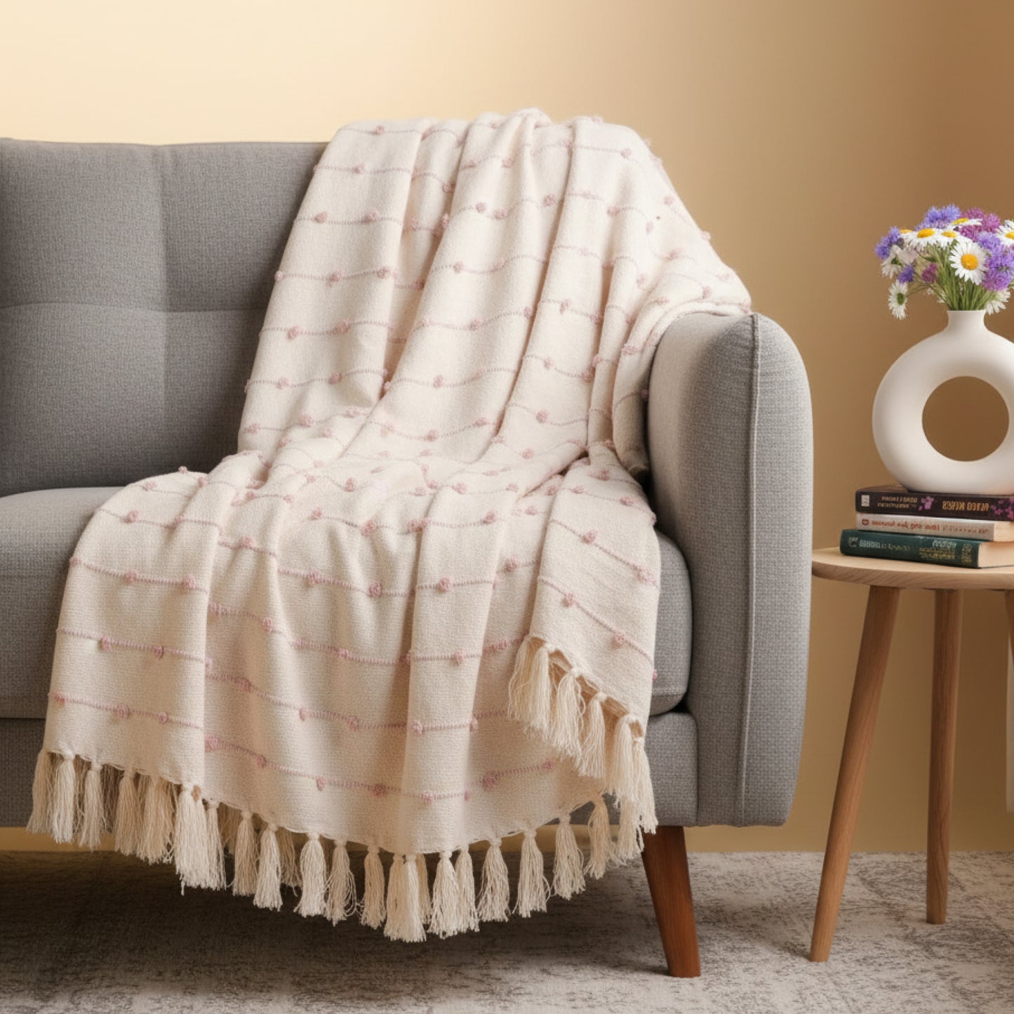 Hand-Knitted All Season Throw Blanket – Cotton Blend | Beige & Pink | 80x52 Inches