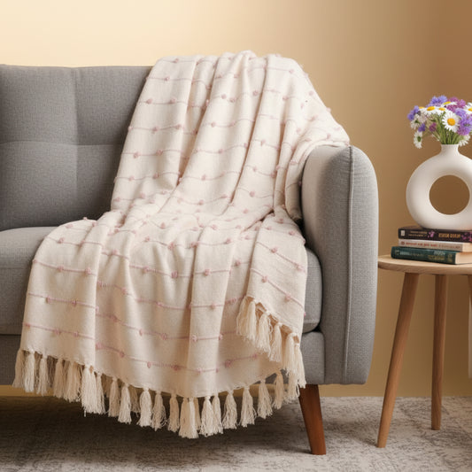 Hand-Knitted All Season Throw Blanket – Cotton Blend | Beige & Pink | 80x52 Inches