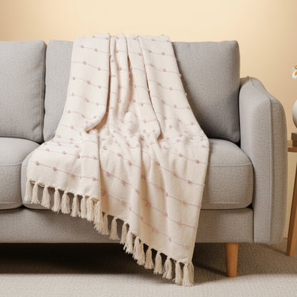 Hand-Knitted All Season Throw Blanket – Cotton Blend | Beige & Pink | 80x52 Inches