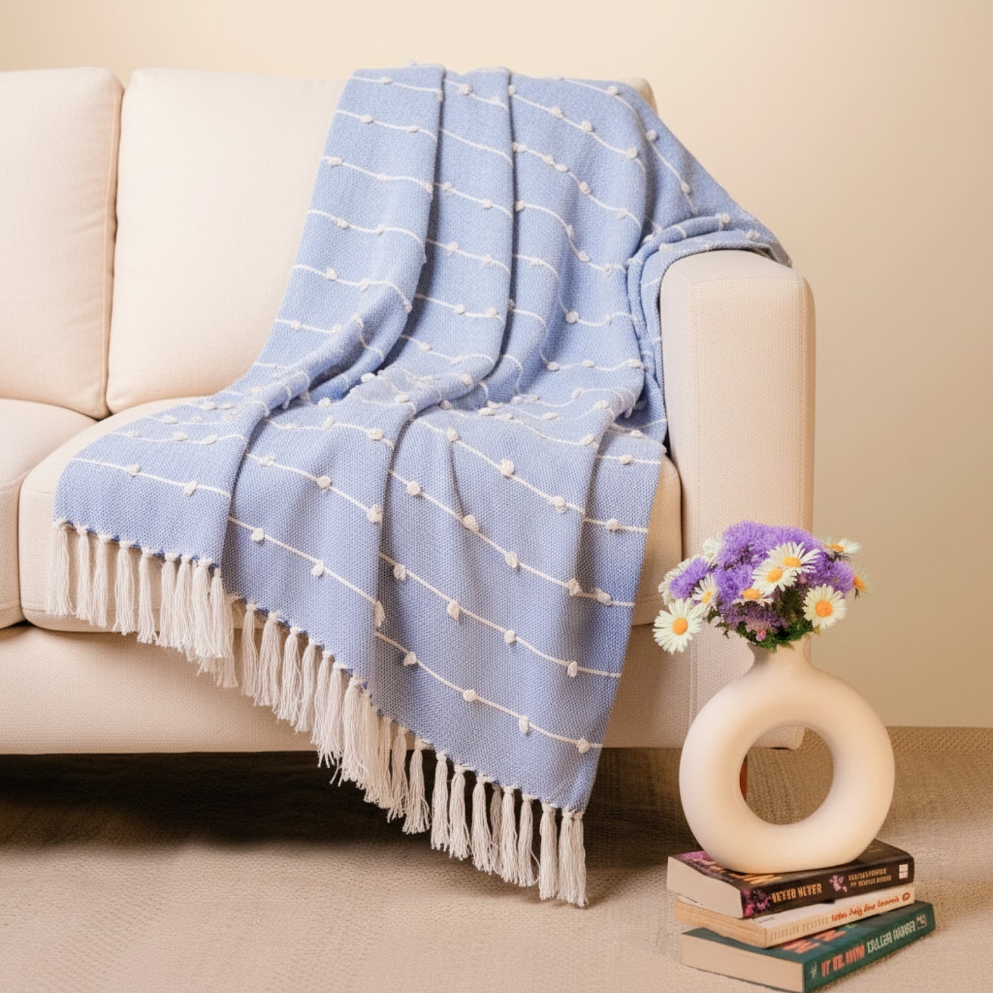 Hand-Knitted All Season Throw Blanket – Cotton Blend | Blue | 80x52 Inches
