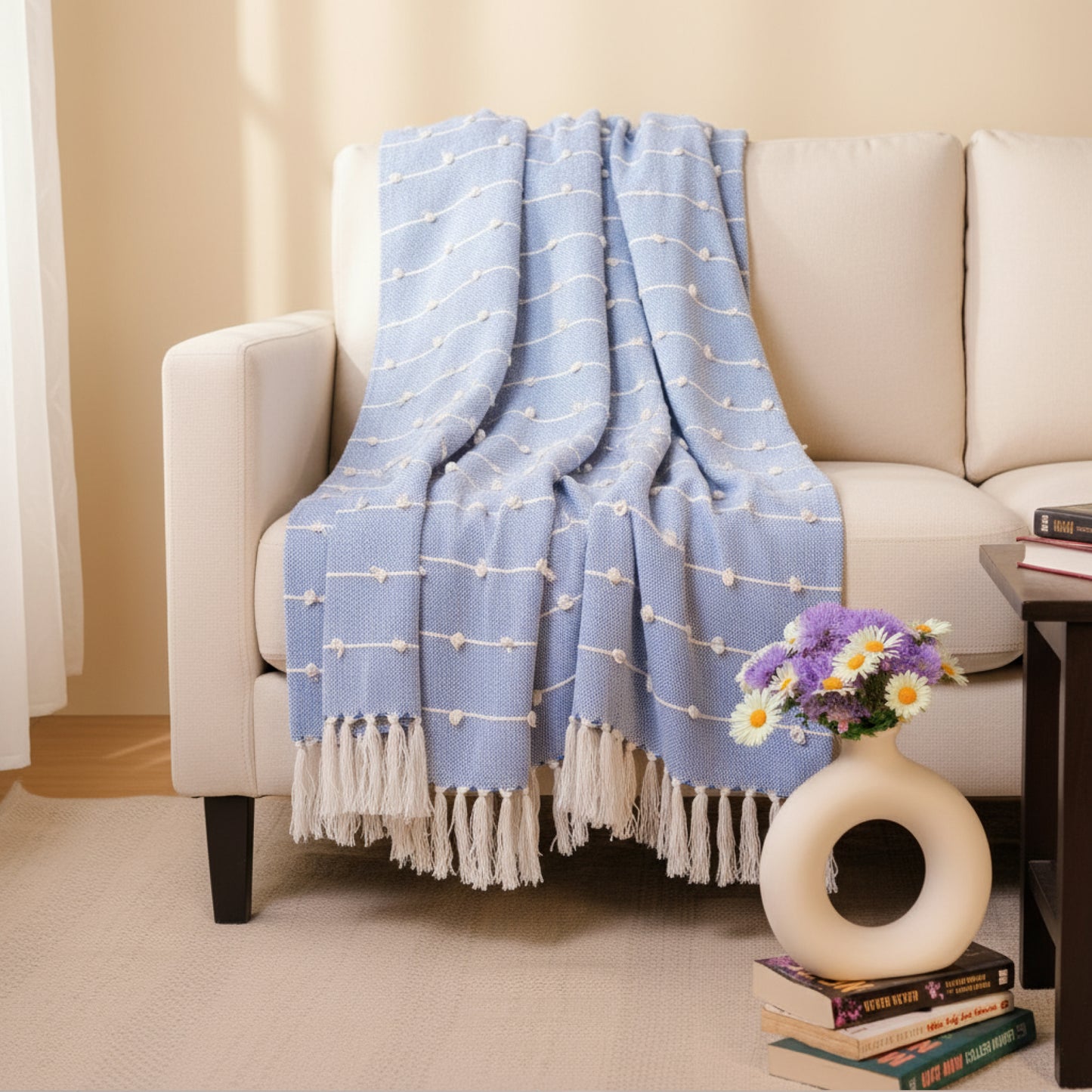 Hand-Knitted All Season Throw Blanket – Cotton Blend | Blue | 80x52 Inches