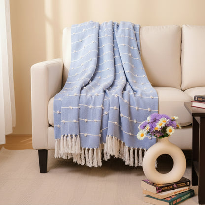 Hand-Knitted All Season Throw Blanket – Cotton Blend | Blue | 80x52 Inches