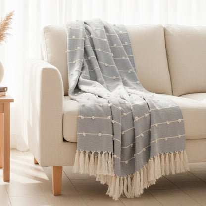 Hand-Knitted All Season Throw Blanket – Cotton Blend | Grey | 80x52 Inches
