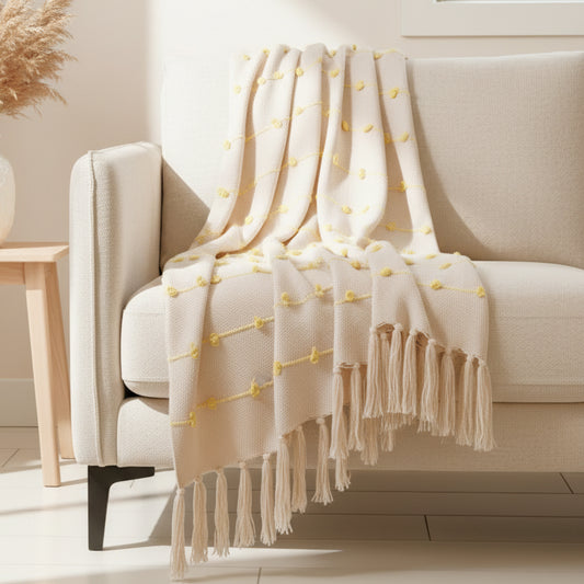 Hand-Knitted All Season Throw Blanket – Cotton Blend | Beige & Yellow | 80x52 Inches