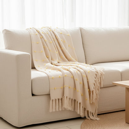 Hand-Knitted All Season Throw Blanket – Cotton Blend | Beige & Yellow | 80x52 Inches